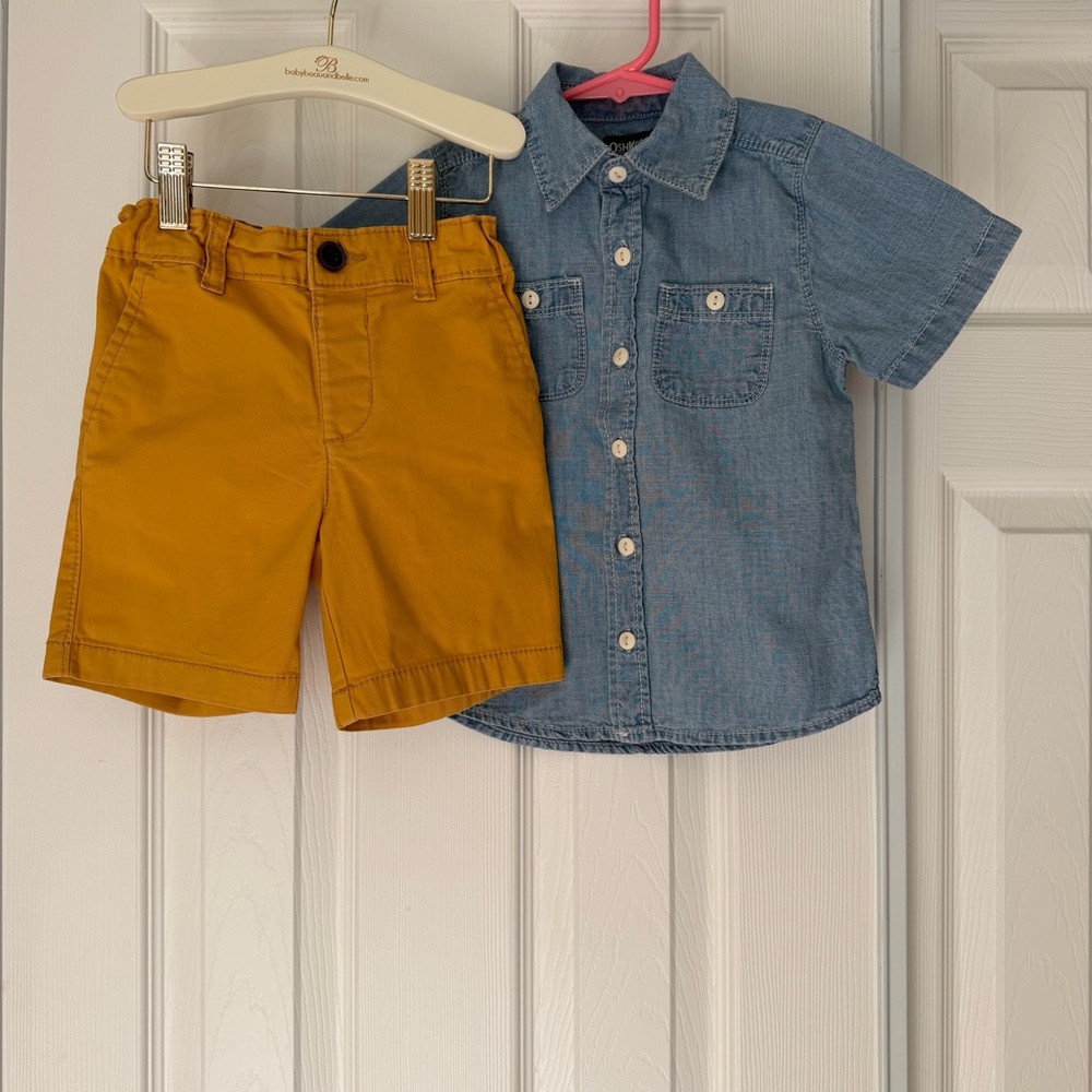 4/$25 OshKosh B'gosh Blue 100% Cotton Shirt and Yellow Shorts Matching Set Size3